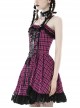 Punk Style Sweet Lace Ruffled Cross Strap Decorated Pink Plaid Rebellious Cool Suspender Short Dress