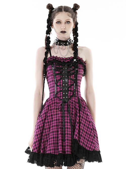 Punk Style Sweet Lace Ruffled Cross Strap Decorated Pink Plaid Rebellious Cool Suspender Short Dress