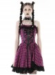 Punk Style Sweet Lace Ruffled Cross Strap Decorated Pink Plaid Rebellious Cool Suspender Short Dress