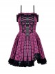 Punk Style Sweet Lace Ruffled Cross Strap Decorated Pink Plaid Rebellious Cool Suspender Short Dress