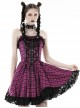 Punk Style Sweet Lace Ruffled Cross Strap Decorated Pink Plaid Rebellious Cool Suspender Short Dress