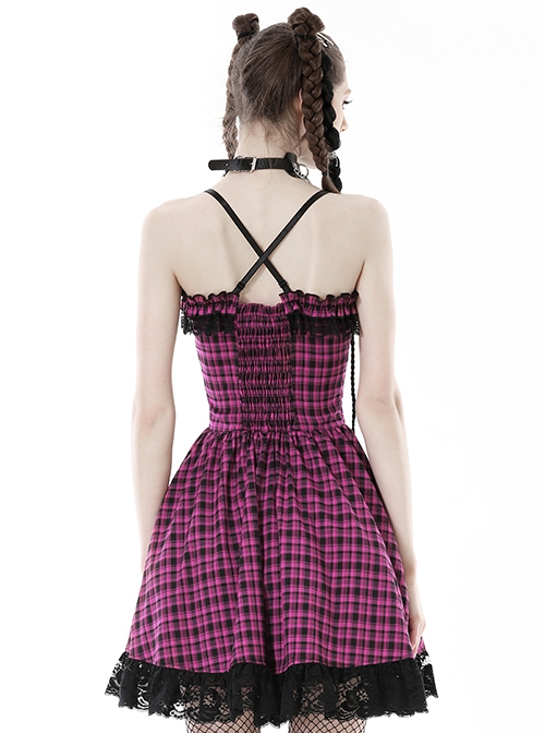 Punk Style Sweet Lace Ruffled Cross Strap Decorated Pink Plaid Rebellious Cool Suspender Short Dress