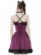 Punk Style Sweet Lace Ruffled Cross Strap Decorated Pink Plaid Rebellious Cool Suspender Short Dress