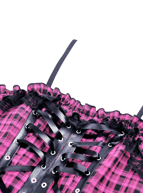 Punk Style Sweet Lace Ruffled Cross Strap Decorated Pink Plaid Rebellious Cool Suspender Short Dress