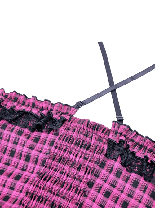 Punk Style Sweet Lace Ruffled Cross Strap Decorated Pink Plaid Rebellious Cool Suspender Short Dress