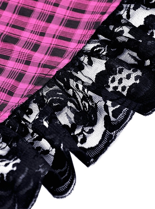 Punk Style Sweet Lace Ruffled Cross Strap Decorated Pink Plaid Rebellious Cool Suspender Short Dress