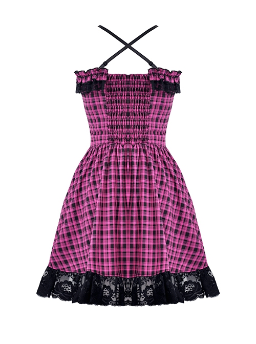 Punk Style Sweet Lace Ruffled Cross Strap Decorated Pink Plaid Rebellious Cool Suspender Short Dress