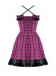 Punk Style Sweet Lace Ruffled Cross Strap Decorated Pink Plaid Rebellious Cool Suspender Short Dress
