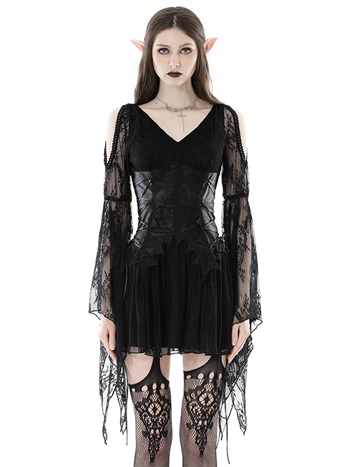 Punk Style V Neck Off Shoulder Waist Leather Strapped Black Rebel Lace Long Sleeves Mini Dress