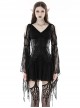 Punk Style V Neck Off Shoulder Waist Leather Strapped Black Rebel Lace Long Sleeves Mini Dress