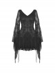 Punk Style V Neck Off Shoulder Waist Leather Strapped Black Rebel Lace Long Sleeves Mini Dress