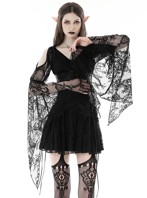 Punk Style V Neck Off Shoulder Waist Leather Strapped Black Rebel Lace Long Sleeves Mini Dress