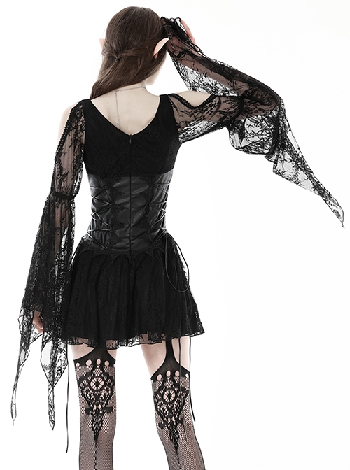 Punk Style V Neck Off Shoulder Waist Leather Strapped Black Rebel Lace Long Sleeves Mini Dress
