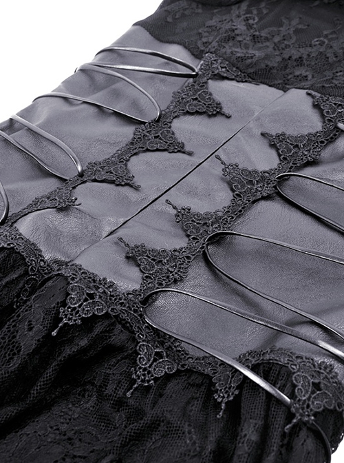Punk Style V Neck Off Shoulder Waist Leather Strapped Black Rebel Lace Long Sleeves Mini Dress