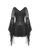 Punk Style V Neck Off Shoulder Waist Leather Strapped Black Rebel Lace Long Sleeves Mini Dress