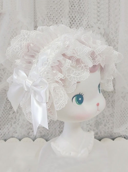 Mood Limited Series Gorgeous Lace Ruffles Pure White Flower Wedding Ribbon Bowknot Classic Lolita Headband