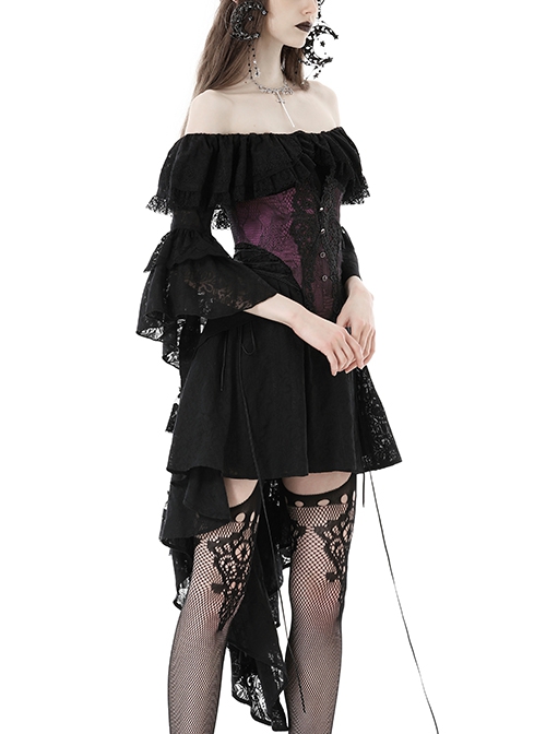 Gothic Style Sexy Suspender One Shoulder Lace Ruffled Black Half Sleeves Elegant Long Tail Dress