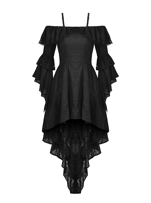 Gothic Style Sexy Suspender One Shoulder Lace Ruffled Black Half Sleeves Elegant Long Tail Dress