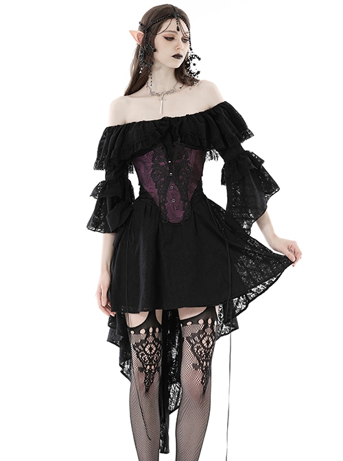 Gothic Style Sexy Suspender One Shoulder Lace Ruffled Black Half Sleeves Elegant Long Tail Dress