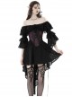 Gothic Style Sexy Suspender One Shoulder Lace Ruffled Black Half Sleeves Elegant Long Tail Dress
