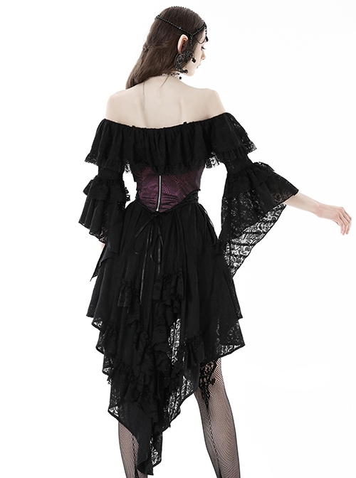 Gothic Style Sexy Suspender One Shoulder Lace Ruffled Black Half Sleeves Elegant Long Tail Dress