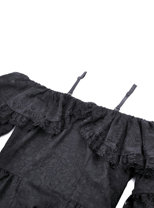 Gothic Style Sexy Suspender One Shoulder Lace Ruffled Black Half Sleeves Elegant Long Tail Dress