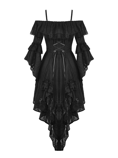 Gothic Style Sexy Suspender One Shoulder Lace Ruffled Black Half Sleeves Elegant Long Tail Dress