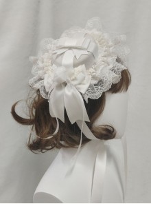 French Elegant Gorgeous Pure White Lace Holy Angel Wings Illusion Rose Knight Ribbon Bowknot Classic Lolita Round Hat