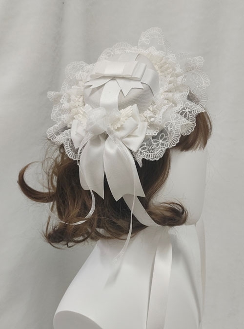 French Elegant Gorgeous Pure White Lace Holy Angel Wings Illusion Rose Knight Ribbon Bowknot Classic Lolita Round Hat