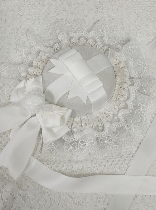 French Elegant Gorgeous Pure White Lace Holy Angel Wings Illusion Rose Knight Ribbon Bowknot Classic Lolita Round Hat