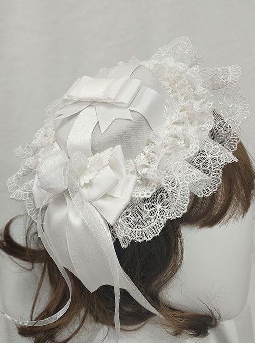 French Elegant Gorgeous Pure White Lace Holy Angel Wings Illusion Rose Knight Ribbon Bowknot Classic Lolita Round Hat