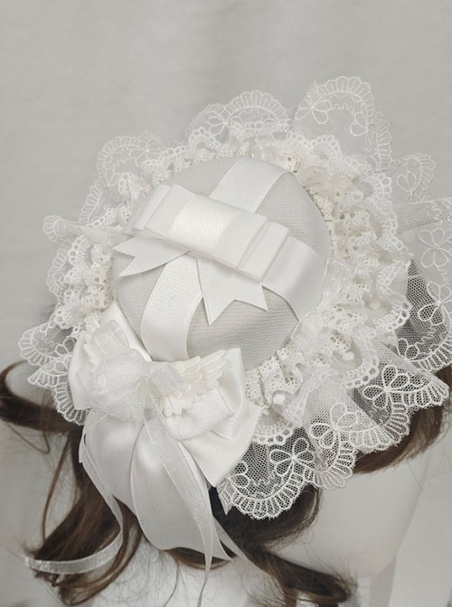 French Elegant Gorgeous Pure White Lace Holy Angel Wings Illusion Rose Knight Ribbon Bowknot Classic Lolita Round Hat