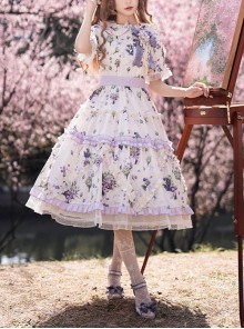 Elegant Idyllic Light Purple Eustoma Plant Print Corsage Classic Lolita Lace Ruffle Doll Collar Daily Dress