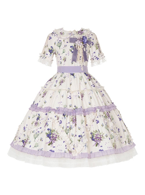 Elegant Idyllic Light Purple Eustoma Plant Print Corsage Classic Lolita Lace Ruffle Doll Collar Daily Dress