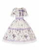 Elegant Idyllic Light Purple Eustoma Plant Print Corsage Classic Lolita Lace Ruffle Doll Collar Daily Dress