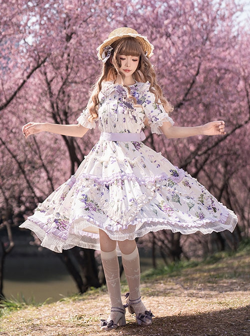 Elegant Idyllic Light Purple Eustoma Plant Print Corsage Classic Lolita Lace Ruffle Doll Collar Daily Dress