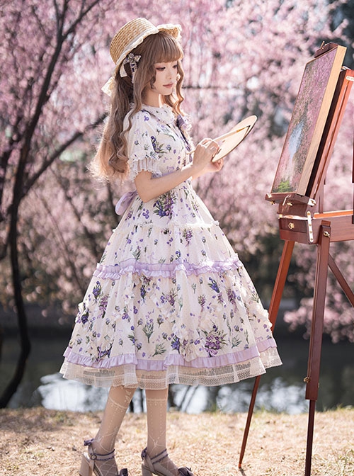 Elegant Idyllic Light Purple Eustoma Plant Print Corsage Classic Lolita Lace Ruffle Doll Collar Daily Dress