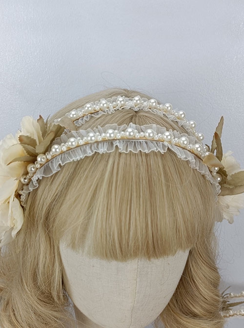 Greek Style Rural Elegant Retro Simulated Flower Leaves Lace Pearls Fairy Classic Lolita Accessory Hairband