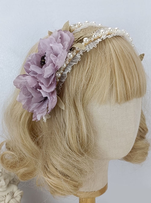 Greek Style Rural Elegant Retro Simulated Flower Leaves Lace Pearls Fairy Classic Lolita Accessory Hairband