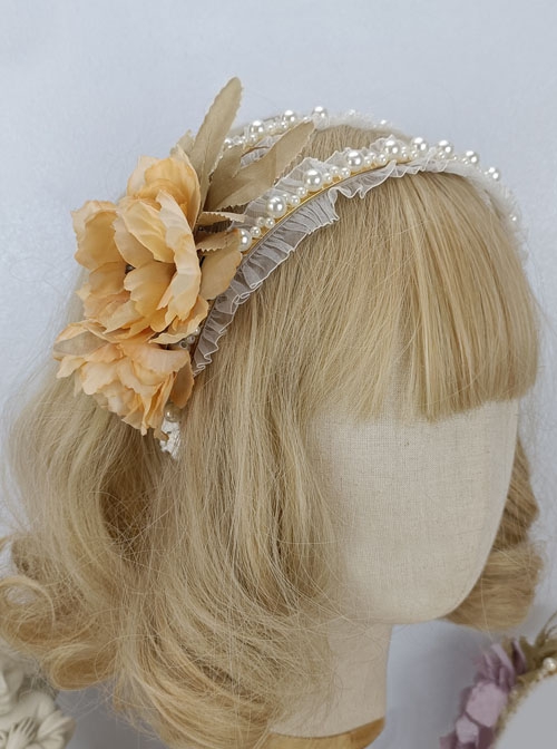 Greek Style Rural Elegant Retro Simulated Flower Leaves Lace Pearls Fairy Classic Lolita Accessory Hairband