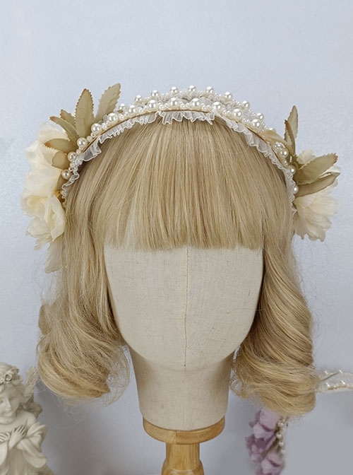 Greek Style Rural Elegant Retro Simulated Flower Leaves Lace Pearls Fairy Classic Lolita Accessory Hairband