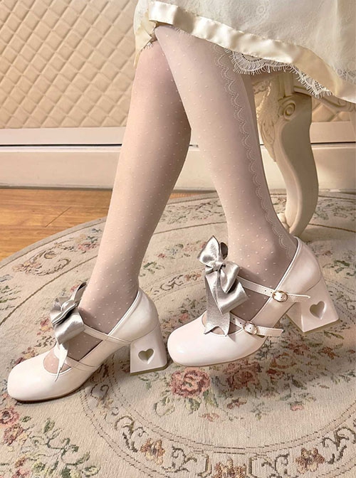 Valentines Day Series Satin Bowknot Double Shoelaces Elegant Heart Shaped Hollow Heel Classic Lolita Mary Jane Shoes