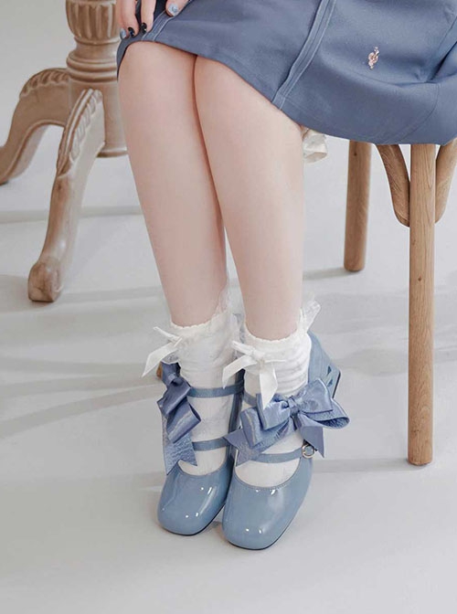 Valentines Day Series Satin Bowknot Double Shoelaces Elegant Heart Shaped Hollow Heel Classic Lolita Mary Jane Shoes