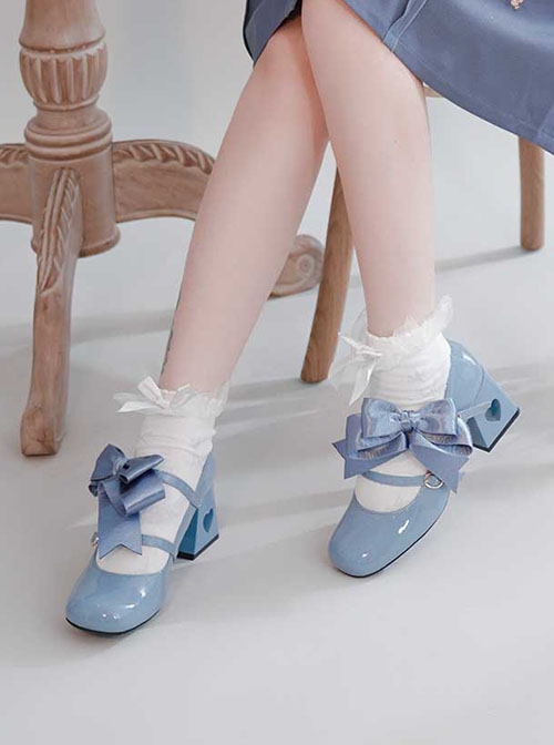 Valentines Day Series Satin Bowknot Double Shoelaces Elegant Heart Shaped Hollow Heel Classic Lolita Mary Jane Shoes