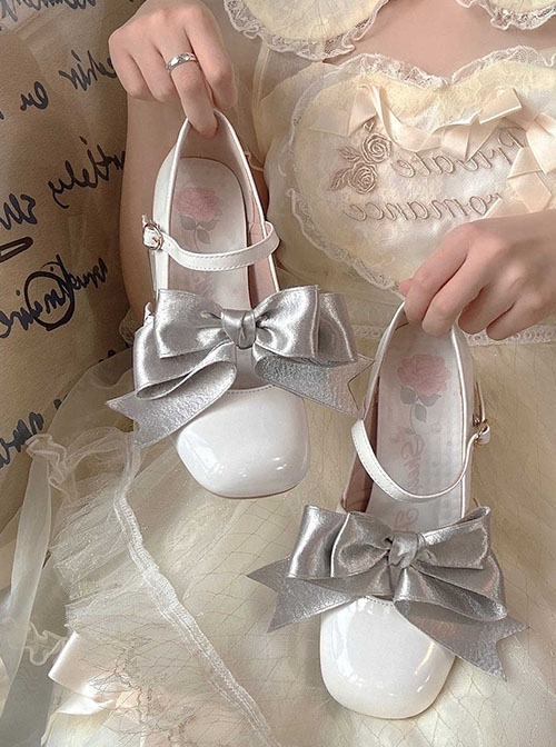 Valentines Day Series Satin Bowknot Double Shoelaces Elegant Heart Shaped Hollow Heel Classic Lolita Mary Jane Shoes