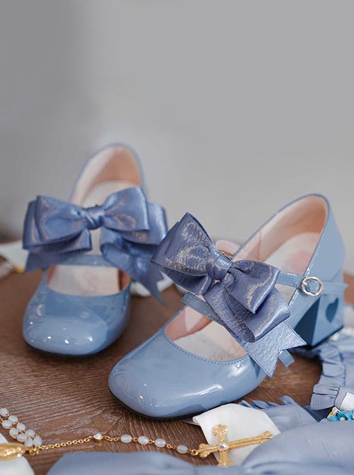 Valentines Day Series Satin Bowknot Double Shoelaces Elegant Heart Shaped Hollow Heel Classic Lolita Mary Jane Shoes