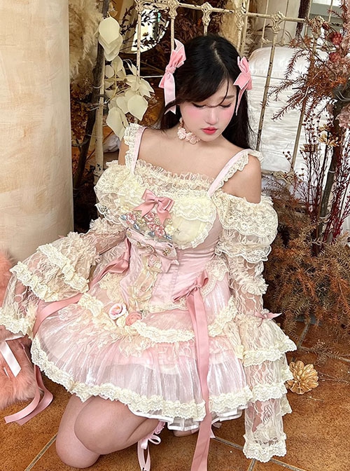 Flower Love Song Series Pink Fairyland Delicate Lace Flower Bowknot Romantic Style Lace Sweet Lolita Sleeveless Dress Shirt Set