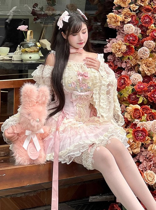 Flower Love Song Series Pink Fairyland Delicate Lace Flower Bowknot Romantic Style Lace Sweet Lolita Sleeveless Dress Shirt Set