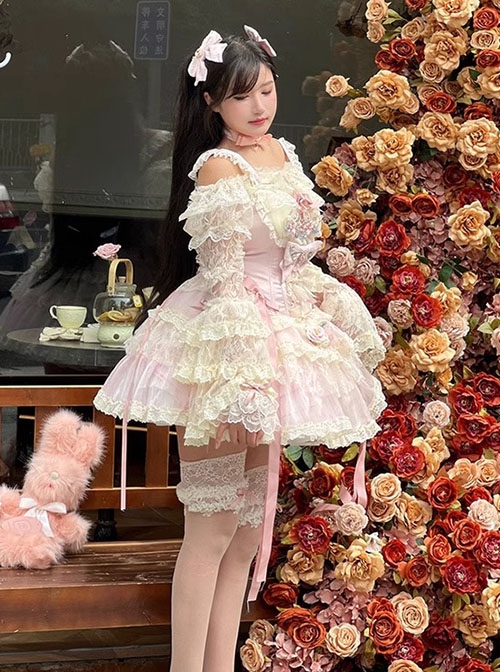 Flower Love Song Series Pink Fairyland Delicate Lace Flower Bowknot Romantic Style Lace Sweet Lolita Sleeveless Dress Shirt Set