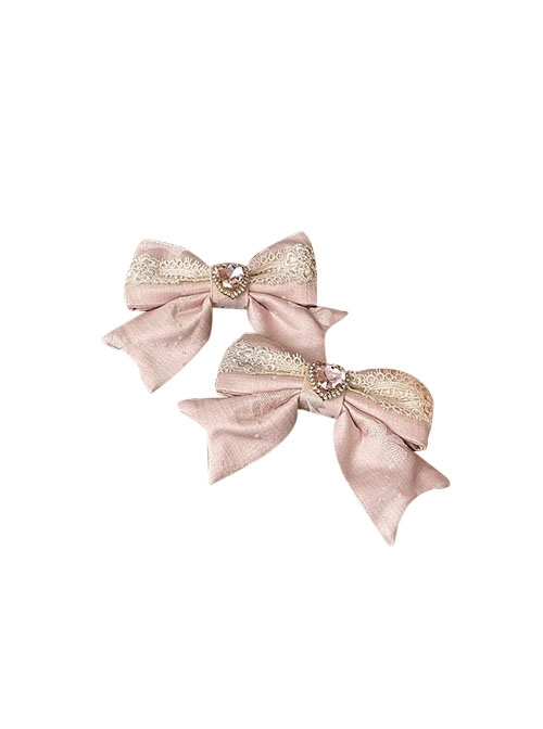 Flower Love Song Series Pink Lace Heart Shape Rhinestone Satin Bowknot Elegant Sweet Lolita Side Clip